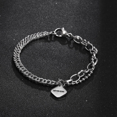 Modernes Edelstahl Spleiß Armband Mit Quadratischem God Inschrift Anhänger Panzerkette Perlenkette Unisex Schmuck Geschenk