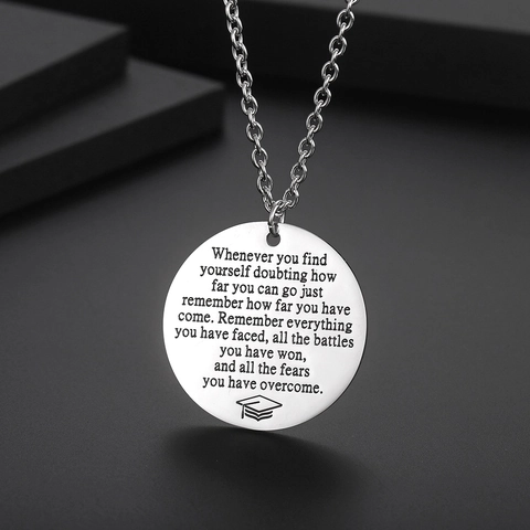 Stainless Steel Inspirational Quote Round Pendant Necklace Silver Graduation Cap Engraved Disc Necklace For Graduation Gift