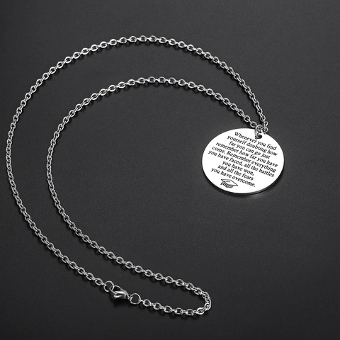 Stainless Steel Inspirational Quote Round Pendant Necklace Silver Graduation Cap Engraved Disc Necklace For Graduation Gift