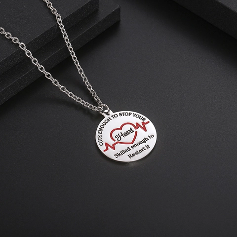 Stainless Steel Heartbeat EKG Pendant Necklace Medical Nurse Doctor Gift Polished Enamel Heart Pulse Jewelry For All