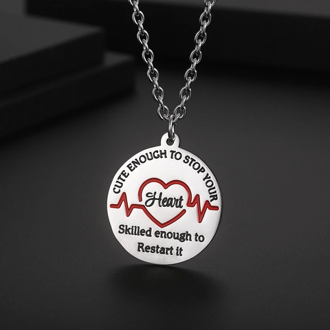 Stainless Steel Heartbeat EKG Pendant Necklace Medical Nurse Doctor Gift Polished Enamel Heart Pulse Jewelry For All