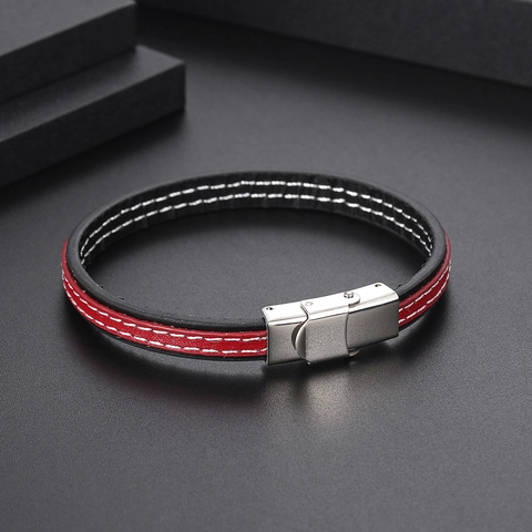 Vintage Mens Braided Leather Bracelet Stainless Steel Clasp Red Black Spliced Woven Wristband Fashion Jewelry Gift For Women Men
