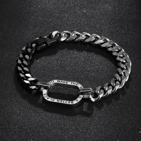 Two-Tone Stainless Steel Cuban Chain Bracelet For Men Women Personalized Inspirational Engraved Quote Hip Hop Jewelry Gift