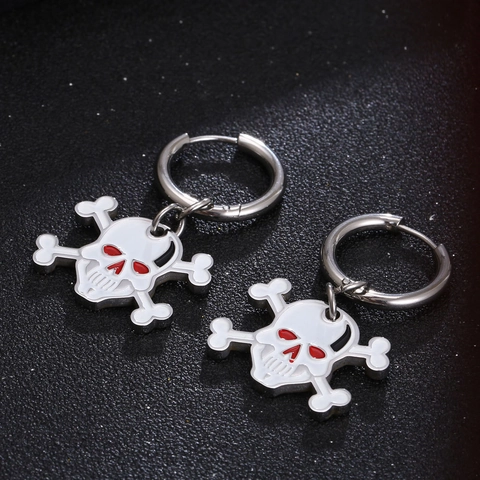 Punk Halloween Skull Crossbones Hoop Earrings Titanium Steel Drip Oil Enamel Red Eye Gothic Ghost Festival Jewelry Gift