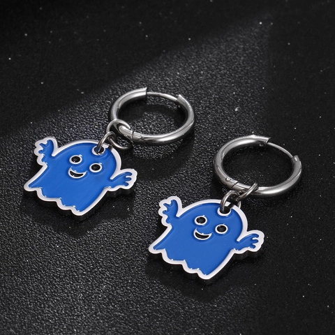 Orecchini Pendenti a Forma di Fantasma Blu Divertenti in Acciaio Inossidabile Smalto per Festa di Halloween Donna