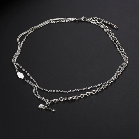 Hip Hop Double Layered Stainless Steel Electric Guitar Pendant Necklace For Men Women Unisex Rock Music Party Jewelry