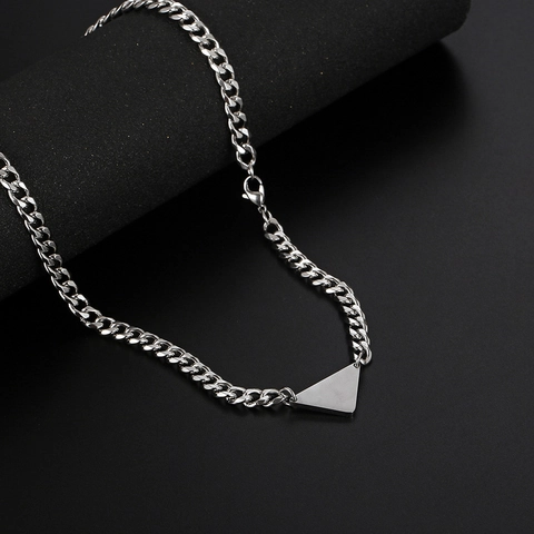 Minimalist Titanium Stainless Steel Triangle Pendant Necklace Hip Hop Polished Geometric Cuban Link Chain Men Women Jewelry