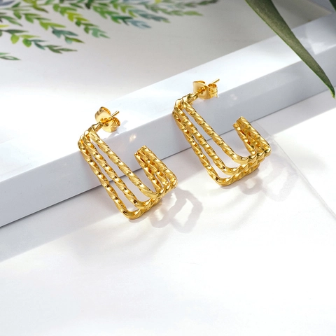 Vintage Stainless Steel Triple Layer Twisted Rope Geometric Hoop Earrings For Women Gold Plated Rectangular U-Shaped Jewelry