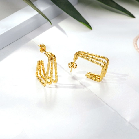 Vintage Stainless Steel Triple Layer Twisted Rope Geometric Hoop Earrings For Women Gold Plated Rectangular U-Shaped Jewelry