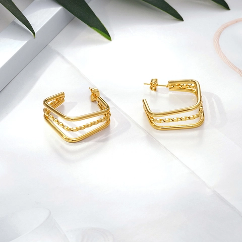 Vintage Multi Layer Geometric Square Hoop Earrings For Women Gold Plated Titanium Steel Twisted Rope Design Jewelry Accessory