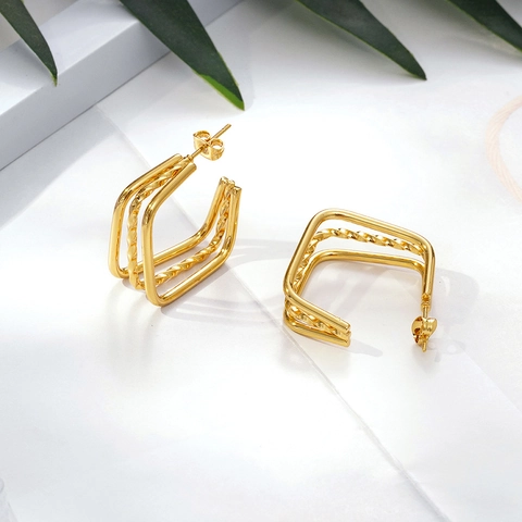 Vintage Multi Layer Geometric Square Hoop Earrings For Women Gold Plated Titanium Steel Twisted Rope Design Jewelry Accessory