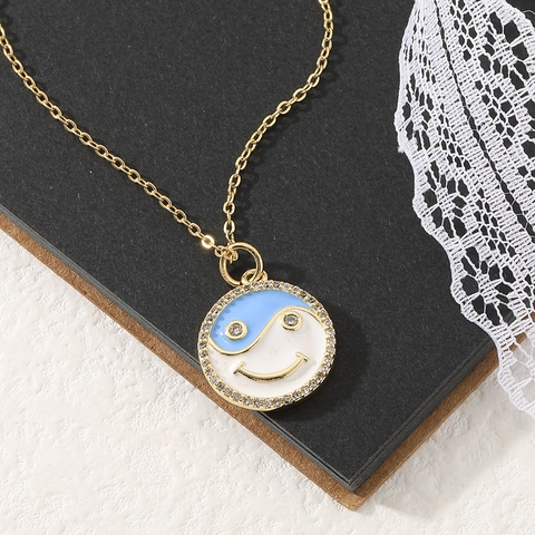 Fashion Copper Zirconia Yin Yang Smile Face Pendant Necklace Gold Plated Enamel Round Badge Necklace For Women Trendy Jewelry