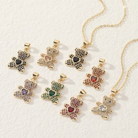 Fashion Copper Teddy Bear Pendant Necklace Heart Zirconia Inlaid Gold Plated Elegant Jewelry Necklaces For Women Party Gift
