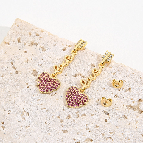 Süße Herz Dangle Ohrringe Für Damen Love Buchstabe Kupfer Zirkonia Vergoldet Geometrischer Eleganter Herzschmuck Geschenk