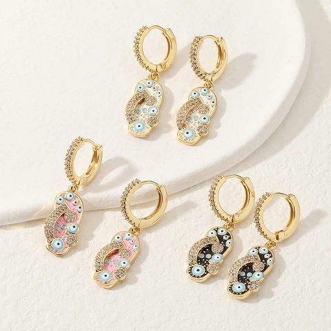 Koper Zirconia Boze Oog Slipper Creolen Voor Dames Gekleurde Emaille Pantoffel Hanger Boheemse Mode Sieraden Oorbellen