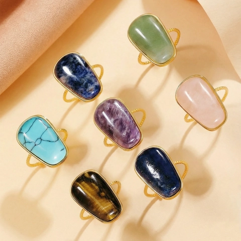 Vintage Stainless Steel Geometric Natural Stone Ring For Women Palace Style Amethyst Lapis Lazuli Tiger Eye Jewelry Gift