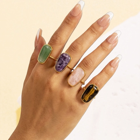 Vintage Stainless Steel Geometric Natural Stone Ring For Women Palace Style Amethyst Lapis Lazuli Tiger Eye Jewelry Gift
