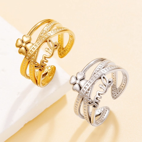 Chic Geometric Cross Stainless Steel Ring For Women Lucky Smile Letter Clover Adjustable Open Finger Ring Valentine Day Jewelry Gift