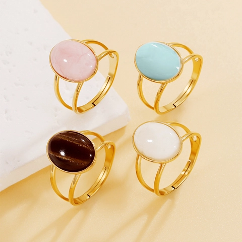 Vintage Palace Style Geometric Oval Resin Stone Stainless Steel Gold Plated Adjustable Open Ring For Women Jewelry Gift