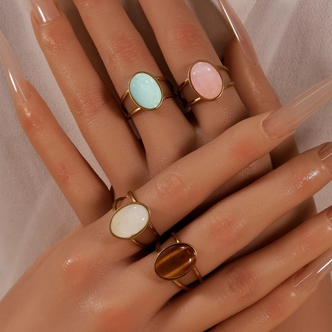 Vintage Palace Style Geometric Oval Resin Stone Stainless Steel Gold Plated Adjustable Open Ring For Women Jewelry Gift