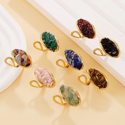 Bague Ouverte en Acier Inoxydable Vintage Incrustation de Pierre Naturelle Concassée Ovale Géométrique Réglable pour Femme