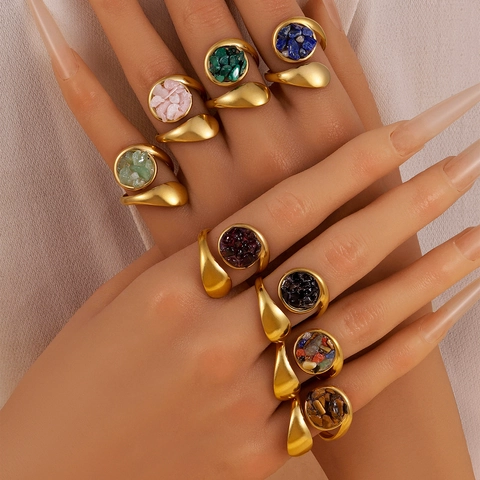Bague Ouverte en Acier Inoxydable Plaquée Or 18K Avec Incrustation de Pierre Naturelle Bague Ajustable Bijoux Femme