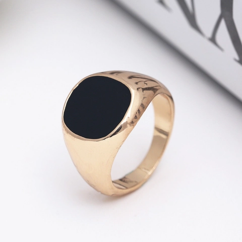 Bague Chevalière en Alliage Minimaliste pour Hommes Femmes Vintage Émail Noir Style Industriel Bague Polie Plaqué Or Argent Bijoux
