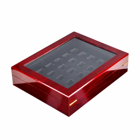Joyero de Madera de Lujo para Anillo de Campeón Con 30 Ranuras Ventana de Vidrio Transparente Acabado de Alto Brillo Caja