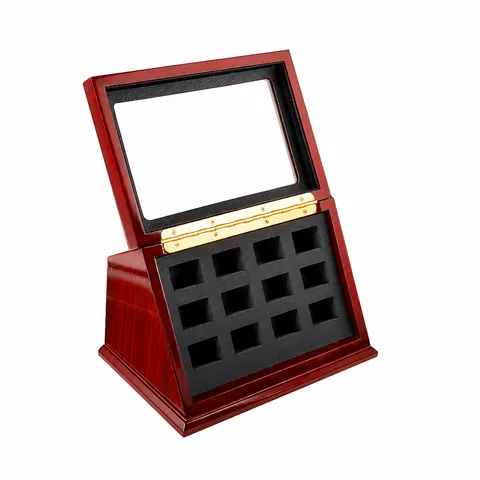 Boîte à Bijoux en Bois Vintage Présentoir Incliné Multi-Slots Avec Fenêtre en Verre Pour Bagues Médailles Organisateur