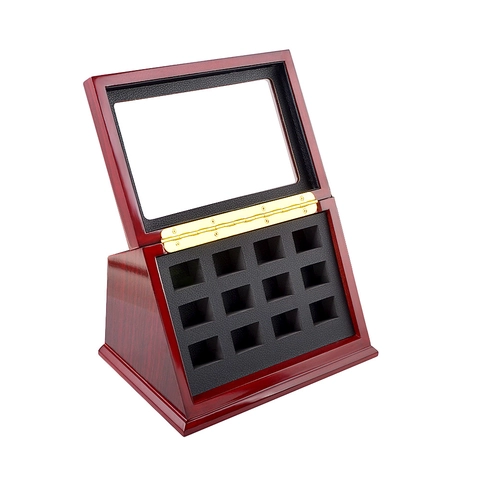 Vintage Wood Jewelry Storage Box Slanted Multi Slot Display Case With Glass Window For Rings Medals Organizer Case
