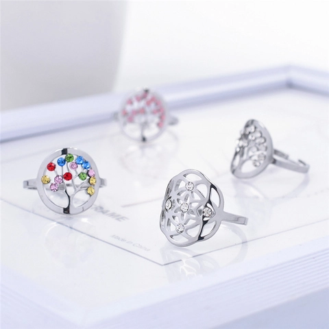 Bague Ouverte Arbre De Vie En Acier Inoxydable Pour Femme Incrustation Strass Bijoux Mode Ajustables Bague De Doigt Cadeau Anniversaire