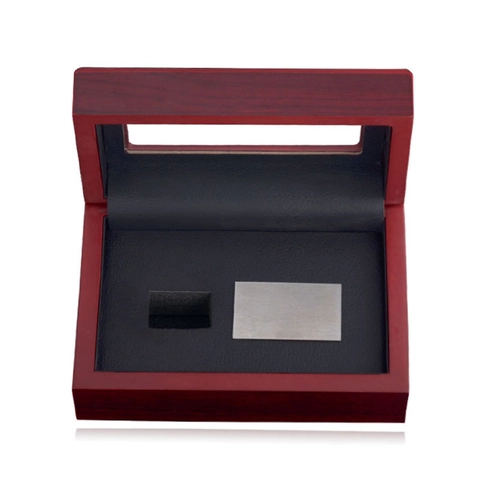 Caja de Exhibición de Anillo de Campeonato de Madera Vintage Con Ventana Transparente Forro de Cuero PU Joyero Lacado Rojo Vino