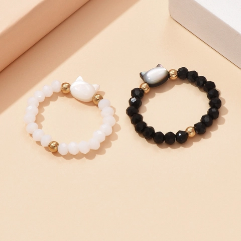 Natural Mother Of Artificial Pearl Cat Head Elastic Beaded Ring Crystal Beads Hand Polished Smooth Finger Ring For Women Jewelry Gift