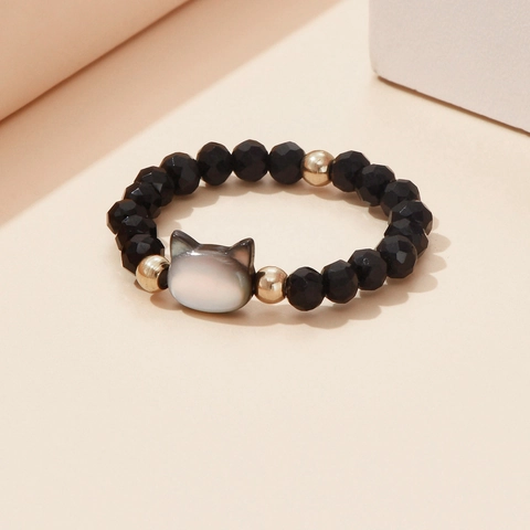 Natural Mother Of Artificial Pearl Cat Head Elastic Beaded Ring Crystal Beads Hand Polished Smooth Finger Ring For Women Jewelry Gift