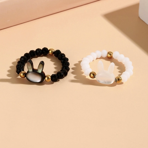 Cute Rabbit Mother Of Pearl Stretch Ring For Women Crystal Beaded Gold Tone Elastic Fashion Finger Ring Jewelry Fashion Gift