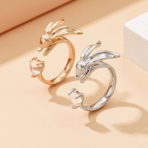 Bague Ouverte Lapin Mignon pour Femme Cuivre Résine Incrustée Cœur Design Anneau Réglable Bijoux Zodiaque Animal Cadeau
