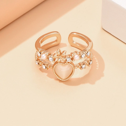 Bague Ouverte en Cuivre Luxe Cœur Œil de Chat Rose Avec Künstliche Perle Zircone Doux Cool Réglable Bijoux de Mode Femme