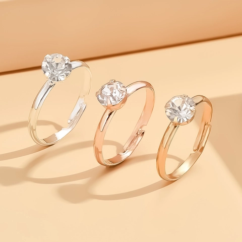 Bague Mode en Cuivre Zirconia pour Femmes Classique Serti Quatre Griffes Pierre Ronde Claire Anneau Ouvert Réglable Or Argent Or Rose Bijoux