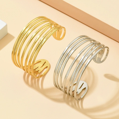 Stainless Steel Multi-Layer Line Cuff Bangle For Women Gold Silver Plated Modern Layered Open Adjustable Bracelet Jewelry