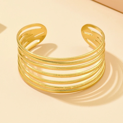 Stainless Steel Multi-Layer Line Cuff Bangle For Women Gold Silver Plated Modern Layered Open Adjustable Bracelet Jewelry
