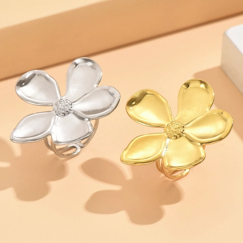 Exaggerated Five Petal Flower Ring Stainless Steel 18K Gold Plated Adjustable Statement Finger Jewelry For Women