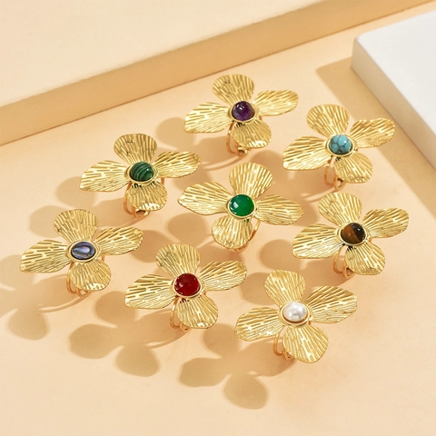 Bague Ouverte Grande Fleur en Acier Inoxydable Exagérée pour Femme Ajustable Perle Artificielle Bijoux de Mode Élégants