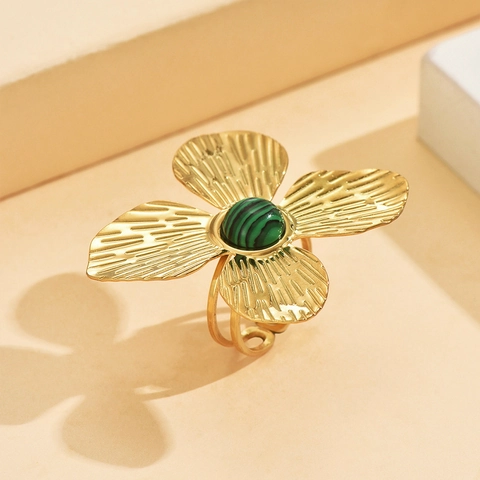 Bague Ouverte Grande Fleur en Acier Inoxydable Exagérée pour Femme Ajustable Perle Artificielle Bijoux de Mode Élégants