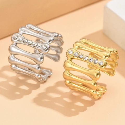 French Retro Palace Style Geometric Stainless Steel Rhinestone Open Adjustable Ring Gothic Bone Structure Women Jewelry