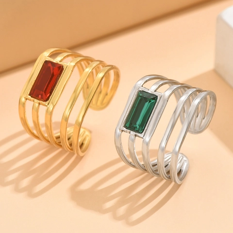 Geometric Hollow Stainless Steel Open Ring For Women Adjustable Rectangular Crystal Zirconia Fashion Finger Ring Jewelry