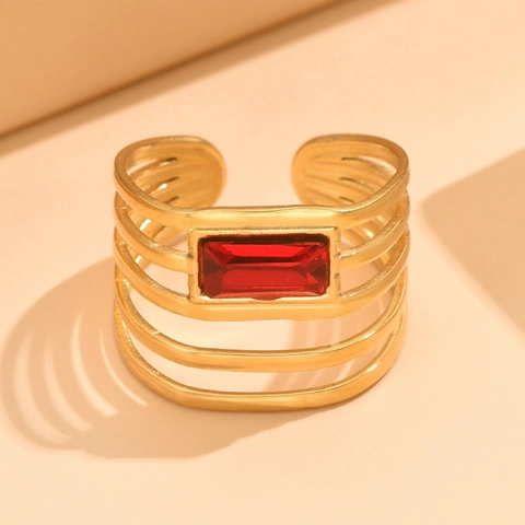 Geometric Hollow Stainless Steel Open Ring For Women Adjustable Rectangular Crystal Zirconia Fashion Finger Ring Jewelry