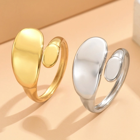 Stainless Steel Flat Oval Asymmetric Open Ring For Women Minimalist Geometric Adjustable Finger Ring Jewelry Gift