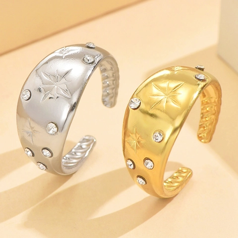 Stainless Steel Open Ring French Vintage Star Engraved Zirconia Adjustable Finger Ring For Women Elegant Luxury Jewelry