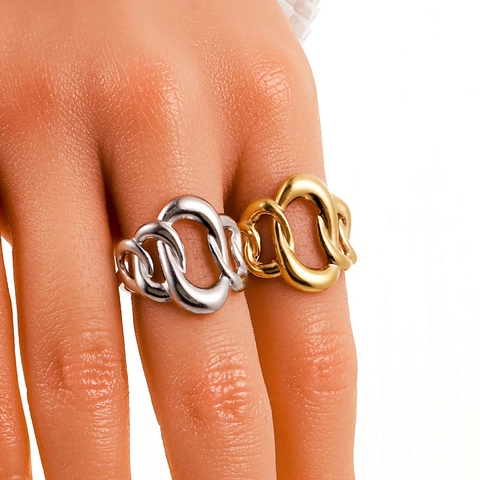 Minimalist Stainless Steel Hollow Geometric Chain Open Ring 18K Gold Plated Adjustable Fashion Jewelry Gift For Women