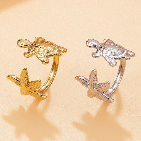 Stainless Steel Open Ring Marine Sea Turtle Starfish Adjustable Gold Silver Plated Vacation Fashion Jewelry For Women